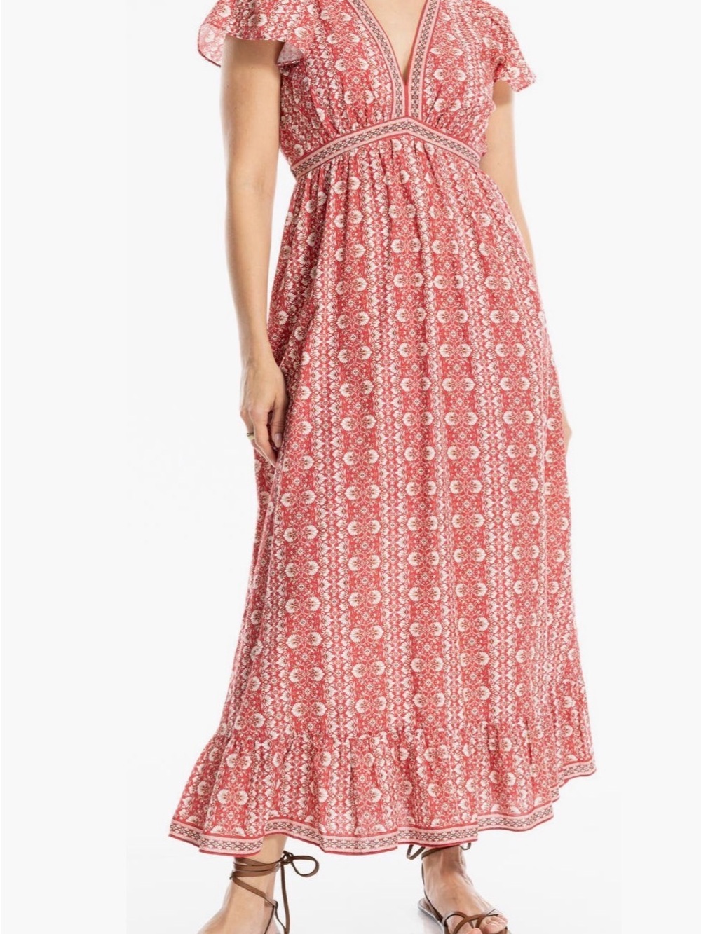 Max Studio Designer Red Floral V-Neck Flutter Sleeve Maxi Dress Women’s size M